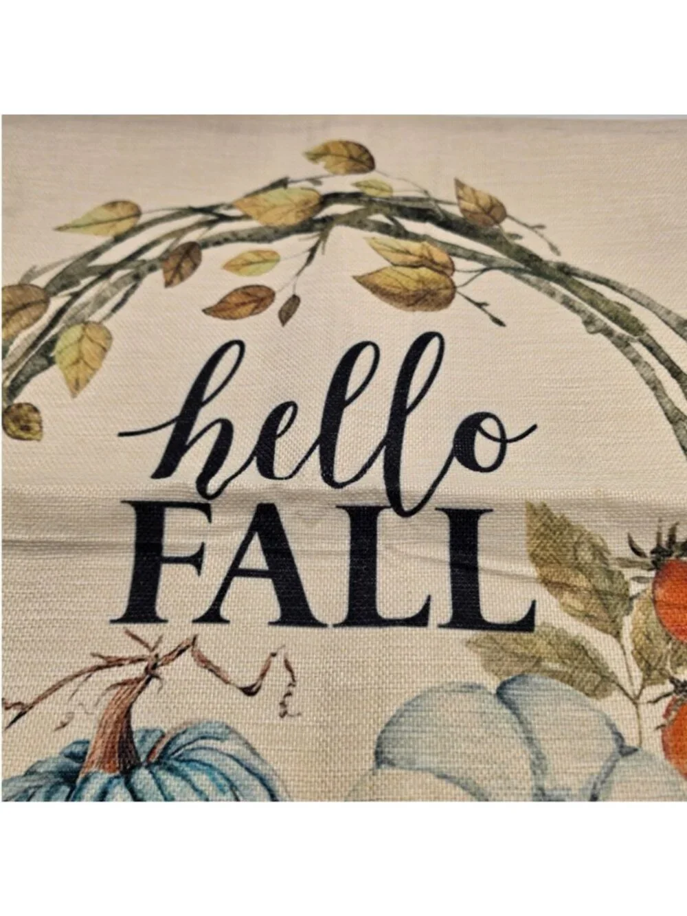 Hello Fall Decorative Throw Pillow Cover Pumpkins Leaves 17x18 Inches Beige